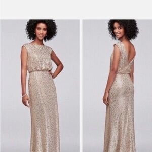 Adrianna Papell Gold Backless Gown with Sleeveless Design and Bateau Neckline